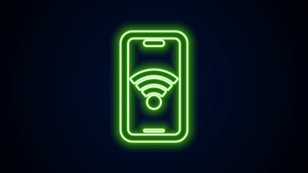 Glowing neon line Smartphone with free wi-fi wireless connection icon isolated on black background. Wireless technology, wi-fi connection, wireless network. 4K Video motion graphic animation — Stock Video