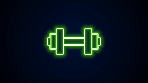 Glowing neon line Dumbbell icon isolated on black background. Muscle lifting, fitness barbell, sports equipment. 4K Video motion graphic animation — Stock Video