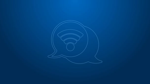 Icono de símbolo de red inalámbrica Wi-Fi de línea blanca aislado sobre fondo azul. Animación gráfica de vídeo 4K — Vídeo de stock