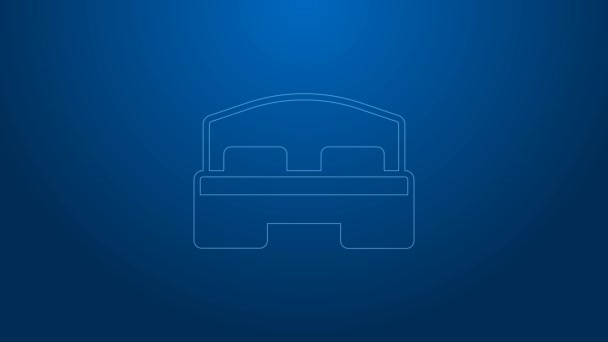 Bílá čára Hotel pokoj postel ikona izolované na modrém pozadí. Grafická animace pohybu videa 4K — Stock video