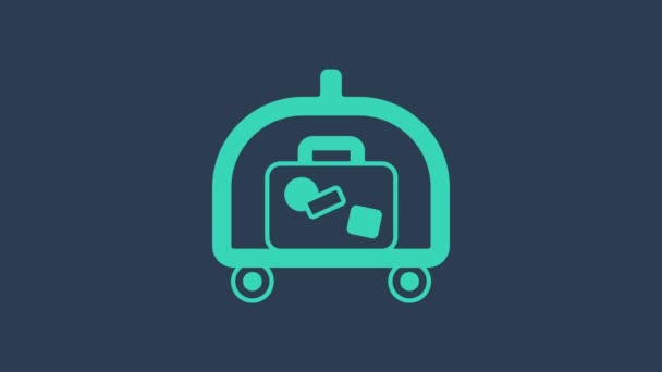 Turquoise Hotel luggage cart with suitcase icon isolated on blue background. Traveling baggage sign. Travel luggage icon. 4K Video motion graphic animation — Stock Video