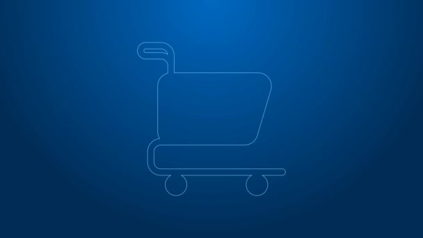 Bílá čára Nákupní košík ikona izolované na modrém pozadí. Online nákupní koncept. Podpis doručovací služby. Symbol supermarketu. Grafická animace pohybu videa 4K — Stock video