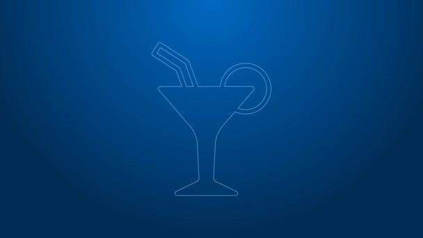 Línea blanca Icono de cóctel y bebida alcohólica aislado sobre fondo azul. Animación gráfica de vídeo 4K — Vídeos de Stock