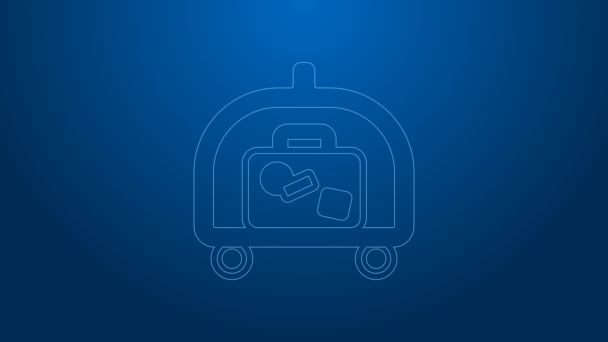 Línea blanca Carro de equipaje del hotel con icono de la maleta aislado sobre fondo azul. Señal de equipaje de viaje. Icono de equipaje de viaje. Animación gráfica de vídeo 4K — Vídeo de stock