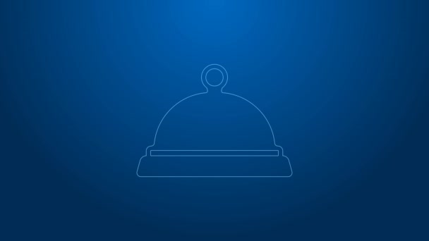 White line Covered with a tray of food icon isolated on blue background. Tray and lid sign. Restaurant cloche with lid. 4K Video motion graphic animation — Stock Video