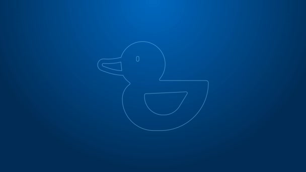White line Rubber duck icon isolated on blue background. 4K Video motion graphic animation — Stock Video