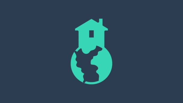 Tyrkysový útulek pro ikonu bezdomovce izolovaný na modrém pozadí. Nouzové bydlení, dočasné bydlení pro lidi, bezdomovce a žebráky bez domova. Grafická animace pohybu videa 4K — Stock video