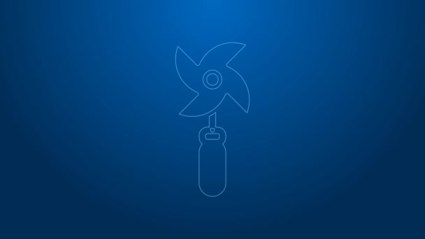 Icono de juguete Pinwheel de línea blanca aislado sobre fondo azul. Icono de juguete molino de viento. Animación gráfica de vídeo 4K — Vídeos de Stock