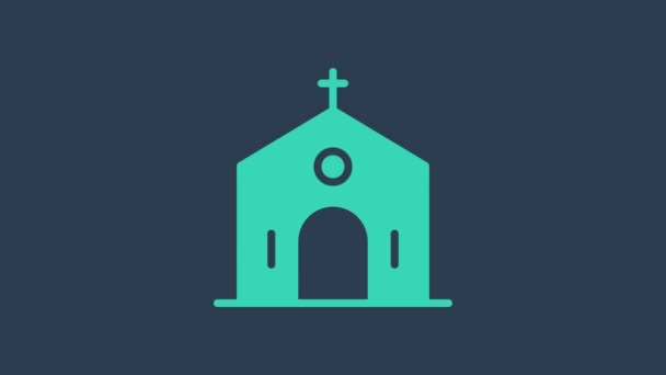 Turquoise Church building icon isolated on blue background. Christian Church. Religion of church. 4K Video motion graphic animation — Stock Video