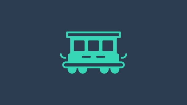Turkusowy Pociąg pasażerski samochody zabawki ikona izolowane na niebieskim tle. Powóz kolejowy. 4K Animacja graficzna ruchu wideo — Wideo stockowe