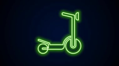 Siyah arka planda izole edilmiş çocuk simgesi için parlak neon çizgili scooter. Motoru tekmele ya da dengeli sür. 4K Video hareketli grafik canlandırması