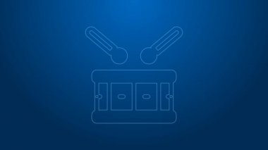 Mavi arkaplanda baget çubuğu simgesi olan beyaz çizgi Drum. Müzik işareti. Müzik aleti sembolü. 4K Video hareketli grafik canlandırması