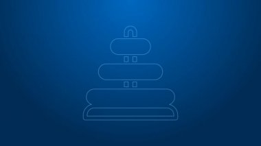 Beyaz çizgi piramit oyuncak ikonu mavi arkaplanda izole edildi. 4K Video hareketli grafik canlandırması