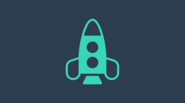 Turkuaz Roket oyuncak ikonu mavi arka planda izole edildi. Uzay yolculuğu. 4K Video hareketli grafik canlandırması