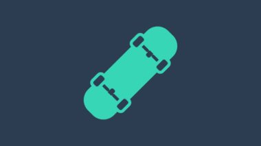 Turkuaz kaykay simgesi mavi arkaplanda izole edildi. Olağanüstü bir spor. Spor malzemeleri. 4K Video hareketli grafik canlandırması