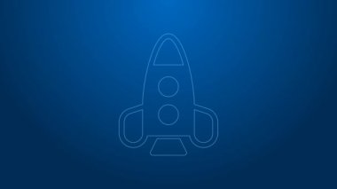 Beyaz çizgi roket oyuncak ikonu mavi arka planda izole edildi. Uzay yolculuğu. 4K Video hareketli grafik canlandırması