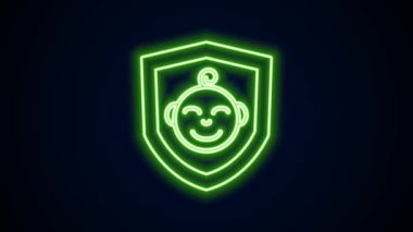 Kalkan simgesindeki parlak neon hattı siyah arka planda izole edildi. Çocuk güvenliği işareti. 4K Video hareketli grafik canlandırması