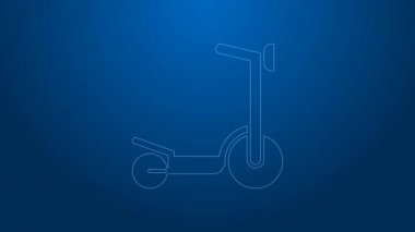 Mavi arka planda izole edilmiş çocuk simgesi için beyaz çizgili patenli scooter. Motoru tekmele ya da dengeli sür. 4K Video hareketli grafik canlandırması