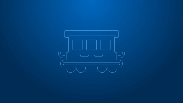 Línea blanca Coches de tren de pasajeros icono de juguete aislado sobre fondo azul. Transporte ferroviario. Animación gráfica de vídeo 4K — Vídeo de stock