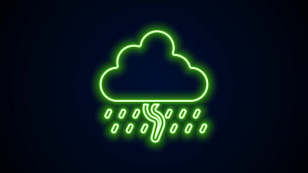 Glowing neon line Cloud with rain and lightning icon isolated on black background. Rain cloud precipitation with rain drops.Weather icon of storm. 4K Video motion graphic animation — Stock Video