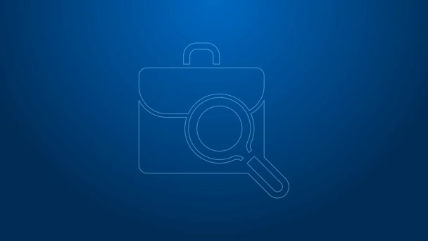 White line Magnifying glass with briefcase icon isolated on blue background. Job hunting. Work search concept. Unemployment, head hunting, career. 4K Video motion graphic animation — Stock Video