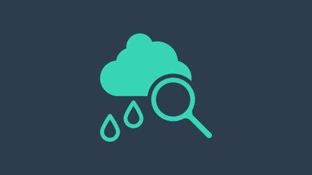 Turkoois Wolk met regenpictogram geïsoleerd op blauwe achtergrond. Regenwolk neerslag met regendruppels. 4K Video motion grafische animatie — Stockvideo