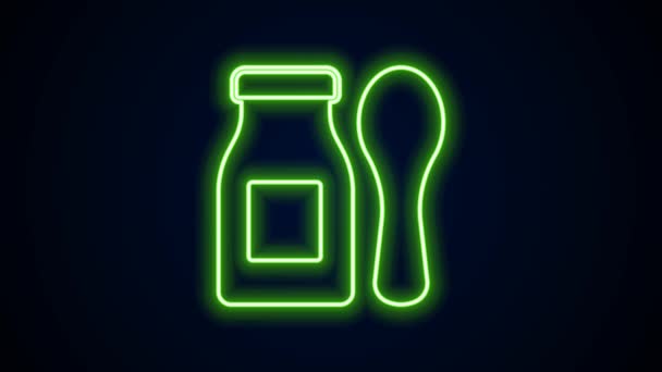Linea fluorescente al neon Bere yogurt in bottiglia con icona cucchiaio isolato su sfondo nero. Cibo per bambini. Animazione grafica 4K Video motion — Video Stock