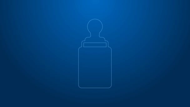 White line Baby bottle icon isolated on blue background. Feeding bottle icon. Milk bottle sign. 4K Video motion graphic animation