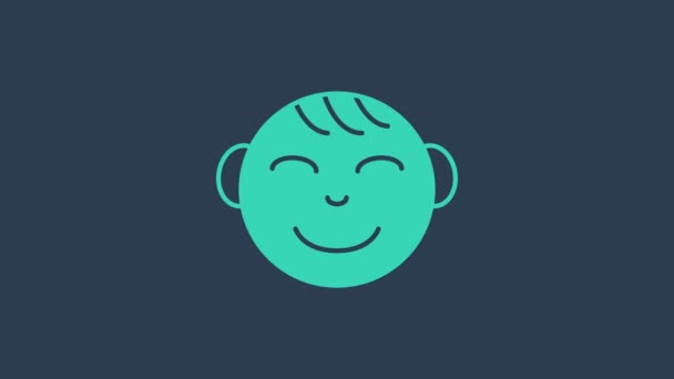 Icono de cabeza de niño feliz turquesa aislado sobre fondo azul. Cara de niño. Animación gráfica de vídeo 4K — Vídeo de stock