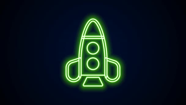 Luminosa linea al neon Rocket nave icona giocattolo isolato su sfondo nero. Viaggi nello spazio. Animazione grafica 4K Video motion — Video Stock