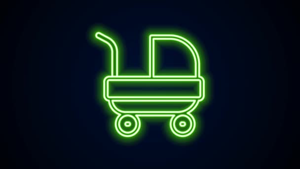 Glowing neon line Baby stroller icon isolated on black background. Baby carriage, buggy, pram, stroller, wheel. 4K Video motion graphic animation — Stock Video