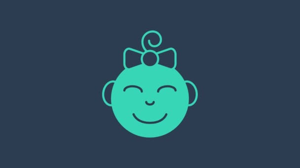 Icono de cabeza de niña feliz turquesa aislado sobre fondo azul. Cara de niña. Animación gráfica de vídeo 4K — Vídeos de Stock