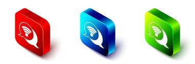 Beyaz arkaplanda izole edilmiş Isometric Wi-Fi kablosuz internet ağı sembolü simgesi. Kırmızı, mavi ve yeşil kare düğme. Vektör