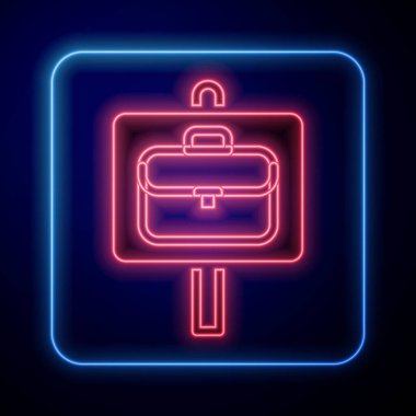 Siyah arka planda izole edilmiş evrak çantası ikonu olan parlak neon büyüteç. İş arıyorum. İş arama konsepti. İşsizlik, kelle avcılığı, kariyer. Vektör