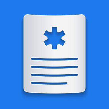 Kağıt kesiği Tıbbi pano mavi arka planda izole edilmiş klinik kayıt simgesi ile. Reçete, tıbbi kontrol işaretleri raporu. Kağıt sanatı tarzı. Vektör