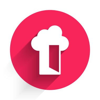 Beyaz Bulut veritabanı simgesi uzun gölge arkaplanı ile izole edildi. Bulut hesaplama konsepti. Veri aktarımlı dijital servis ya da uygulama. Kırmızı daire düğmesi. Vektör