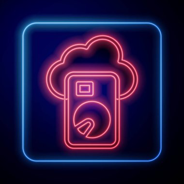 Parlayan neon bulutu veritabanı simgesi siyah arkaplanda izole edildi. Bulut hesaplama konsepti. Veri aktarımlı dijital servis ya da uygulama. Vektör