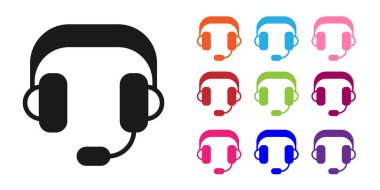 Siyah kulaklık simgesi beyaz arkaplanda izole edilmiş. Kulaklıklar. Müzik, hizmet, iletişim ve operatör konsepti. Simgeleri renklendirin. Vektör