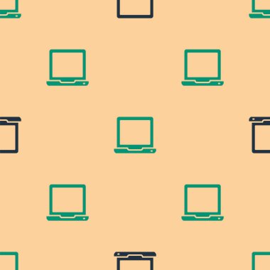 Yeşil ve siyah dizüstü bilgisayar simgesi, bej arkaplandaki kusursuz deseni izole etti. Boş ekran işaretli bilgisayar defteri. Vektör