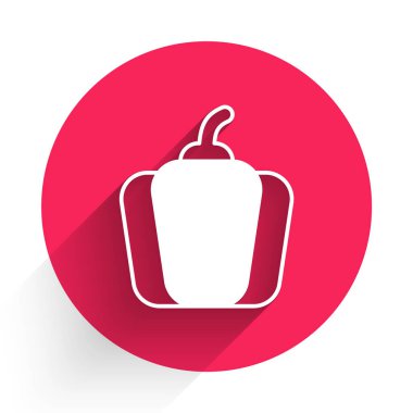 Beyaz çan biberi ya da tatlı kapsika ikonu uzun gölge arkaplan izole. Kırmızı daire düğmesi. Vektör