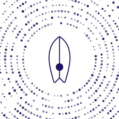 Beyaz arkaplanda mavi sörf tahtası simgesi izole edildi. Sörf tahtası. Olağanüstü bir spor. Spor malzemeleri. Soyut çember rastgele noktalar. Vektör