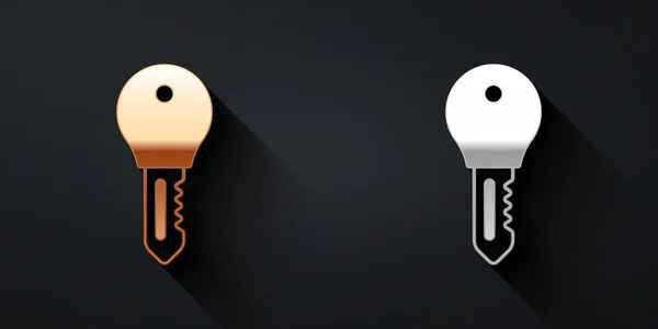 Icono de llave de cerradura de puerta de hotel dorado y plateado aislado sobre fondo negro. Estilo de sombra larga. Vector — Vector de stock