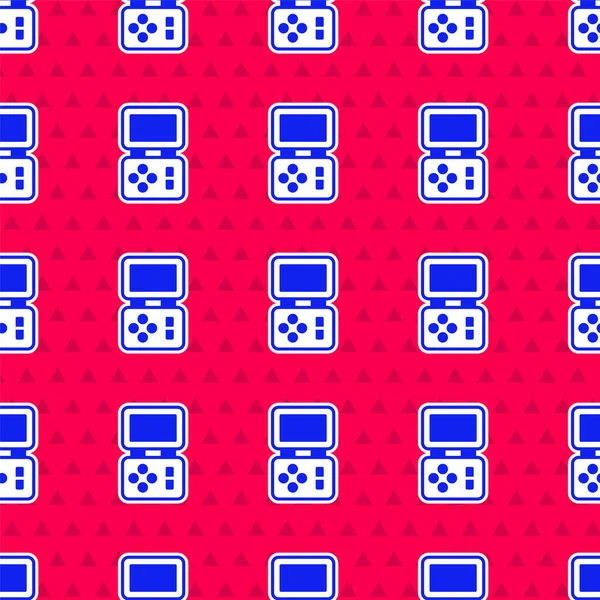 Blue Portable Tetris elektronisches Spiel Symbol isoliert nahtlose Muster auf rotem Hintergrund. Vintage-Stil Pocket Brick Spiel. Interaktives Spielgerät. Vektor — Stockvektor
