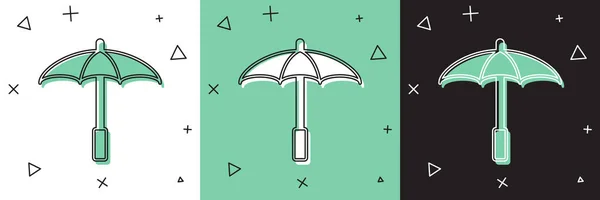白と緑、黒の背景に隔離されたビーチアイコンのための日保護傘を設定します。屋外空間のための大きなパラソル。ビーチ傘。ベクトル — ストックベクタ