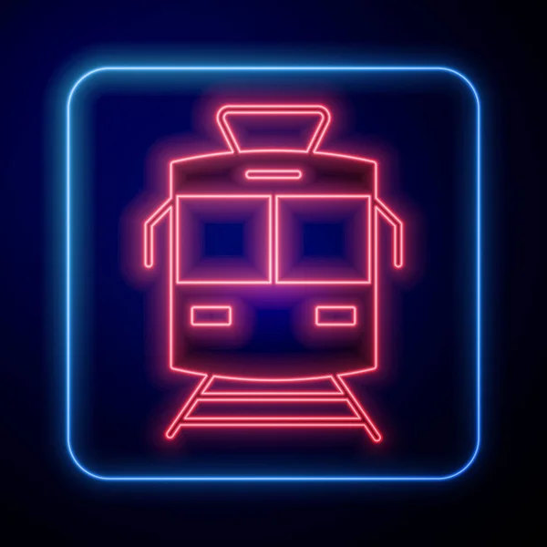 Glowing neon Tram and railway icon isolated on black background. Public transportation symbol. Vector — Stock Vector