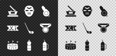 Buz hokeyi kupası şampiyonu, hokey maskesi, ıslık, stadyum, fitness sallayıcısı, spor bileti ve sopa ikonu. Vektör