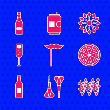 Sopaya kağıt bıyık, dart oku, Noel ışıkları, pizza, bira şişesi, bir bardak şampanya, havai fişek ve şampanya ikonu. Vektör