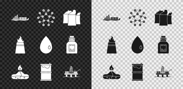 Set Petrolero, Molecule oil, industrial factory building, Alcohol spirit burner, Barrel leak, platform the sea, rig with fire and drop icon. Vector — Archivo Imágenes Vectoriales