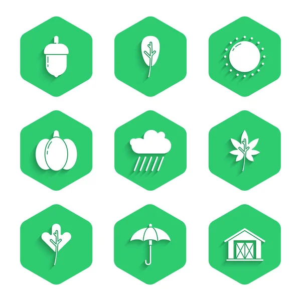 Set Nuvola con pioggia, Ombrello, Agriturismo, Foglie o foglie, Zucca, Sole e icona Acorn. Vettore — Vettoriale Stock