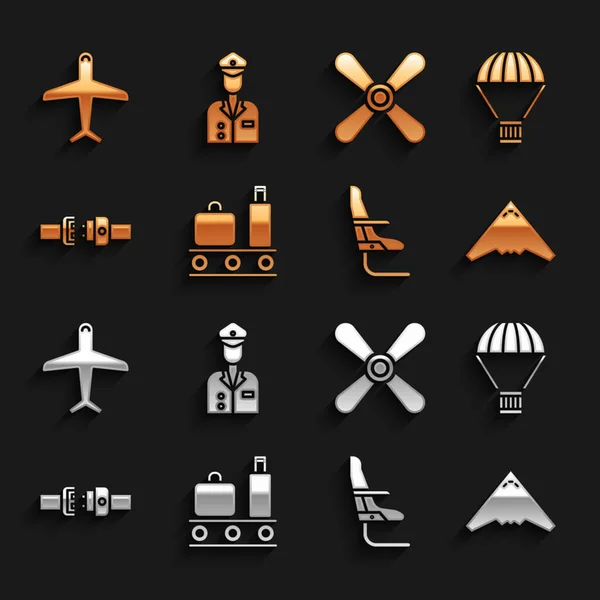 Állítsa Airport szállítószalag bőrönd, Box repülő ejtőernyő, Jet harcos, repülőgép ülés, Biztonság, Repülőgép propeller, és Pilóta ikon. Vektor — Stock Vector
